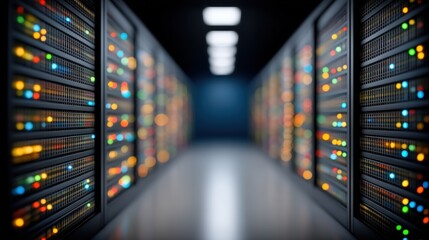 Dynamic server room infrastructure illuminated by colored LED lights showcasing advanced data management technology in a modern digital environment for optimizing performance and efficiency