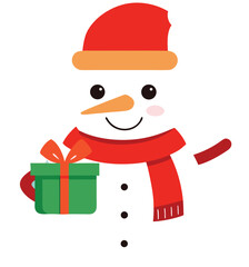 Cheerful Cartoon Snowman with Santa Hat and Green Gift Box in Festive Holiday Scene.