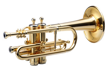 Obraz premium Golden brass trumpet isolated on black background demonstrating music instrument detail