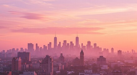 Fototapeta premium Cityscape at Dawn with Skyline and Soft Pink Sky