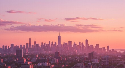 Fototapeta premium Cityscape at Sunset Pink Sky with Distant Skyline