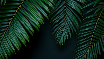 Lush close-up of a vibrant green leaf with a backdrop of tropical palms. Dark, moody flat lay, rich nature aesthetic, exotic foliage., origami. with white shades