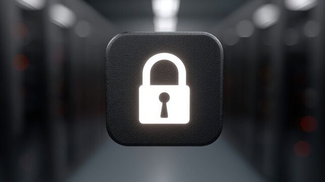 Digital illustration of a secure padlock symbol floating against a blurred background in a high-tech server room environment representing cybersecurity and data protection concepts