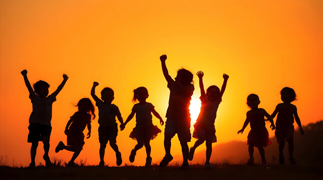 Joyful Children Silhouette at Sunset – Vibrant Complementary Colors, Backlit Playful Scene – Perfect for Children's Day, Posters, Cards & Backgrounds