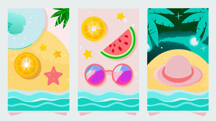 Three summer themed vertical panels featuring beach scenes, fruit, sunglasses and palm trees in bright colors
