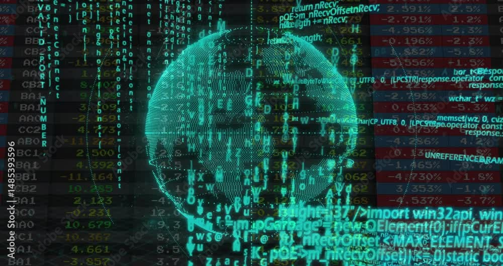 Aufkleber floating 3d globe displaying cascading alphanumeric streams and numerical tables in cyber interface