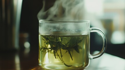 Steaming herbal tea in a glass mug
