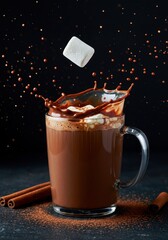 Hot chocolate splash with marshmallow falling in glass mug on dark background