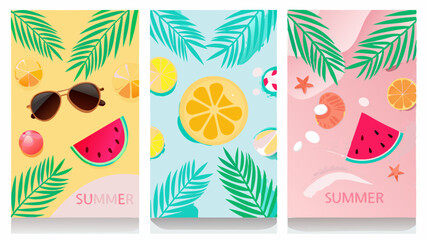 Three summer themed images with palm leaves, citrus fruits, watermelon, sunglasses and beach elements design
