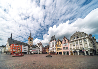 Fototapeta premium Summer skyline cityscape of Trier, Rhineland-Palatinate, Moselle, Germany. Wide panoramic view of Hauptmarkt (central market square) and city landmarks