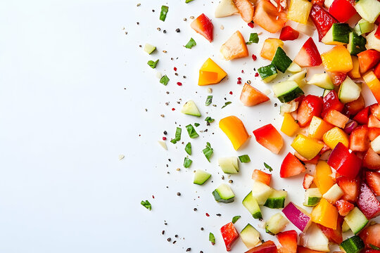 Colorful diced fruit and vegetable mix on a white surface.
