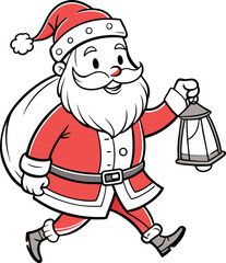 Hand Drawn Santa with Lantern Illustration for Christmas Design.