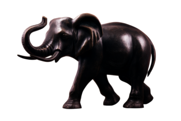 Detailed carved wooden elephant statue design on transparent backdrop