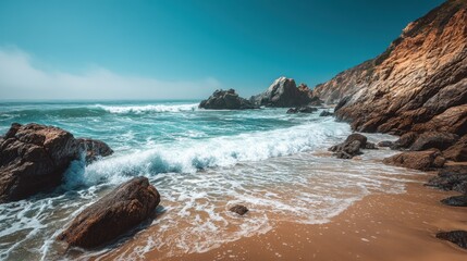 Coastal scenery with dramatic waves and rocks.
