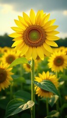 Fototapeta premium Majestic sunflower, towering stem, intense yellow hue, soft focus background, majestic, intense color