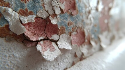 Naklejka premium Close-up detail of aged, peeling floral wallpaper on a textured wall surface showing cracks and damage revealing underlying plaster.