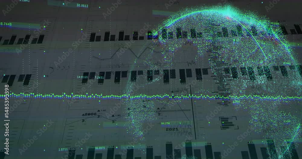 Poster digital data visualization animating in 3d dashboard, showing globe cluster with bars and lines