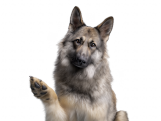 Shiloh Shepherd dog with front paw raised on transparent background