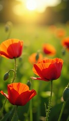 Obraz premium Vibrant red poppies sway gently in a sun-drenched meadow , floral background, field of poppies