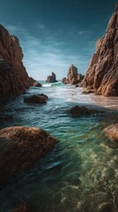 Dramatic coastal scene with rocky inlets and clear water.