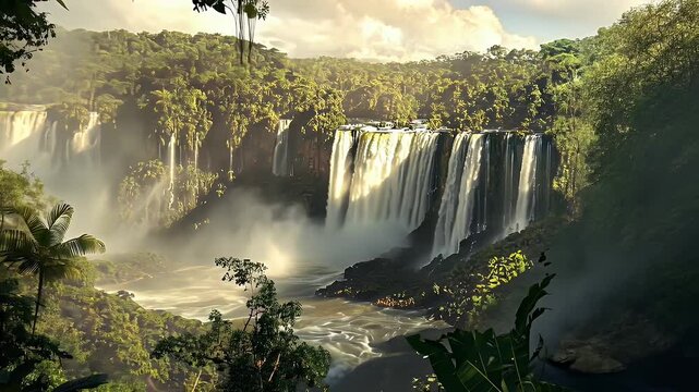 Huge cascading waterfall in lush green rainforest
