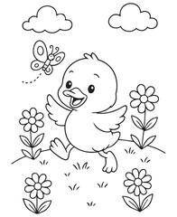 Coloring book happy duck runs through a field of flowers, chasing a butterfly under fluffy clouds
