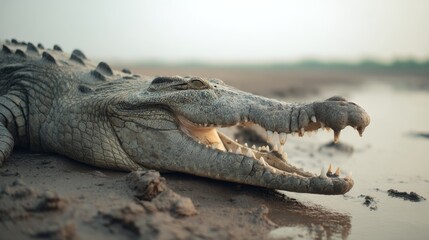 Obraz premium A crocodile rests with its mouth open on a muddy riverbank, revealing sharp teeth in its natural habitat.