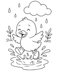 Coloring book duck in boots joyfully splashes in a puddle under the falling rain
