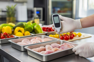 Hands in white gloves use a digital temp meter to check cold levels of meat and veggies in trays, set in a bright, clean kitchen with fruits and stainless steel appliances.