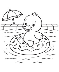 Coloring book duck floats in a pool on a donut-shaped inflatable under an umbrella.