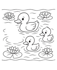Coloring book cute ducklings swim in a pond with water lilies