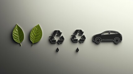 Creative representation of sustainability concepts featuring leaves, recycling symbols, drops, and a car silhouette
