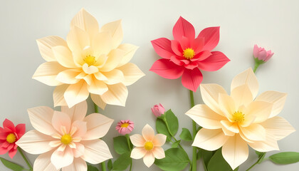 Fototapeta premium Delicate handmade paper blossoms, mindfulness theme. with white shades