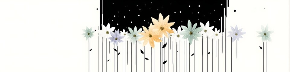 Obraz premium Floral Dance with Starry Sky: Delicate blossoms sway gracefully beneath a starlit expanse, a captivating composition blending botanical beauty with celestial wonder.