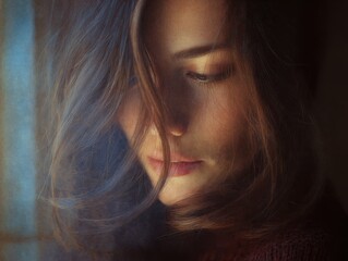 Close-up portrait of a woman with thoughtful expression.