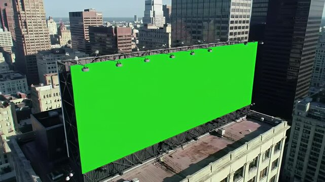 Green Billboard on City Skyscraper Roof, Aerial View.