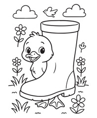 Coloring book duck peeks out from a large rain boot amongst flowers and grass
