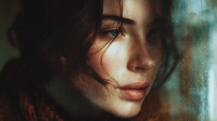 Close-up portrait of a woman with thoughtful expression.