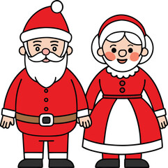 Santa and Mrs Claus Holding Hands Vector Outline.