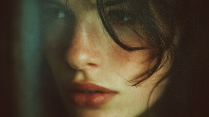 Close-up portrait of a young woman's face, bathed in soft, filtered light.