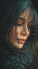 Close-up portrait of a woman with flowing dark hair.