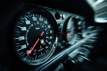 Close-up view of a car speedometer.