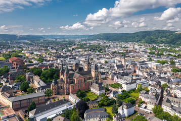 Obraz premium Summer skyline cityscape of Trier, Rhineland-Palatinate, Moselle, Germany. Wide panoramic aerial view of Trierer Dom (Trier Saint Peter's Cathedral) and city landmarks