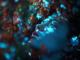 Close-up view of a person's face in a flower-filled setting.