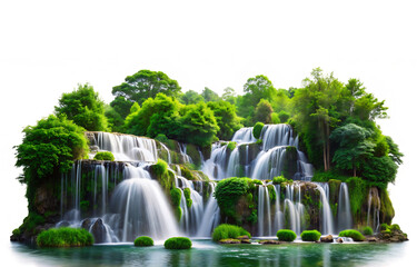 Naklejka premium Majestic waterfall cascading down rocky terrain surrounded by lush greenery and serene water