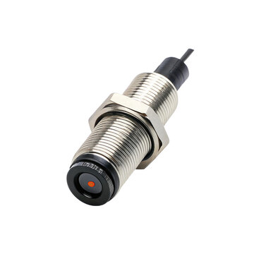 Infrared proximity sensor featuring a cylindrical metal body, a black cable, and a visible orange indicator light, isolated on a transparent background