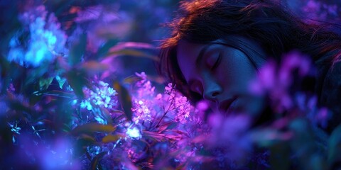 A woman rests amongst vibrant blossoms in a dreamlike garden.