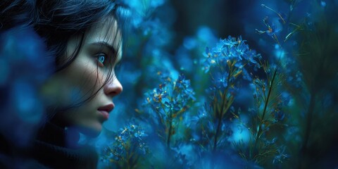 Profile of a young woman surrounded by deep blue flowers.