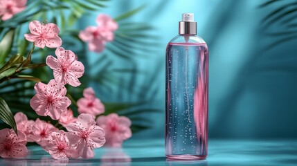 A bottle of perfume is sitting on a table next to a bunch of pink flowers