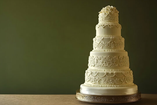 Elaborate wedding cake, detailed cream icing design.